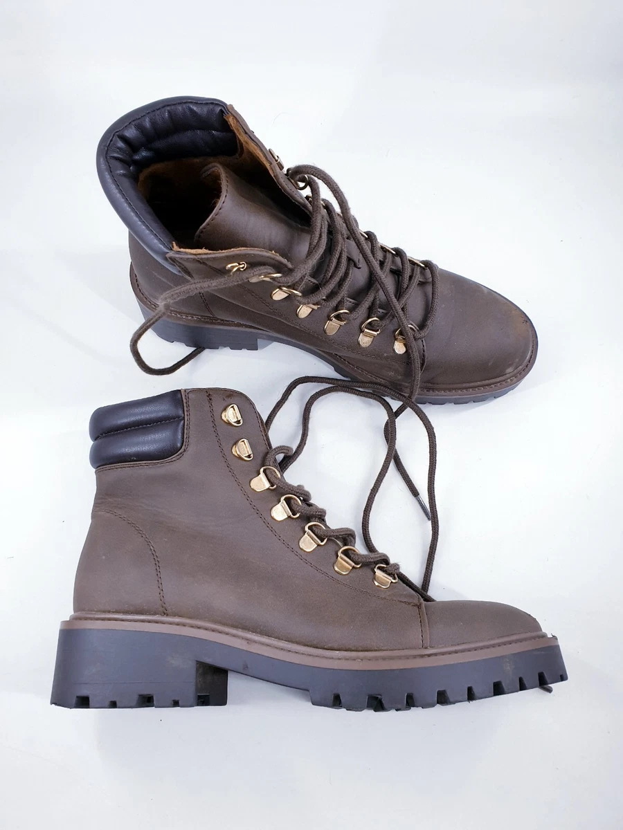 Primark size 5 brown faux leather lace up block heel walking combat ankle boots