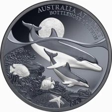 Niue 2025 BOTTLENOSE DOLPHIN Australia At Night Baby $1 Oz Silver Black Proof