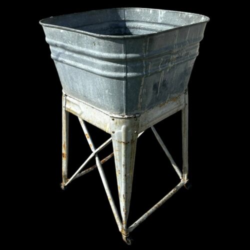 Vintage Basin Farm Wash Tub Wheeling Stand Galvanized Metal Stand Drain Planter - Picture 3 of 18