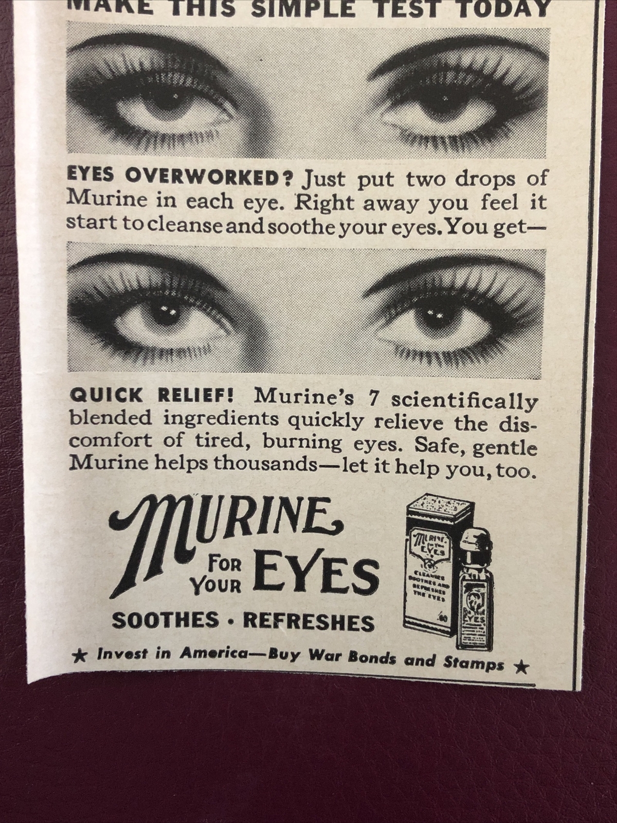 1945 Murine Eye Drops PRINT AD Quick Relief Tired Eyes VTG 1940s Simple Test