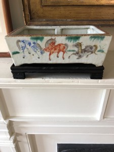 Antique Chinese Qing 19th C Horses porcelain bulb planter Famille Rose