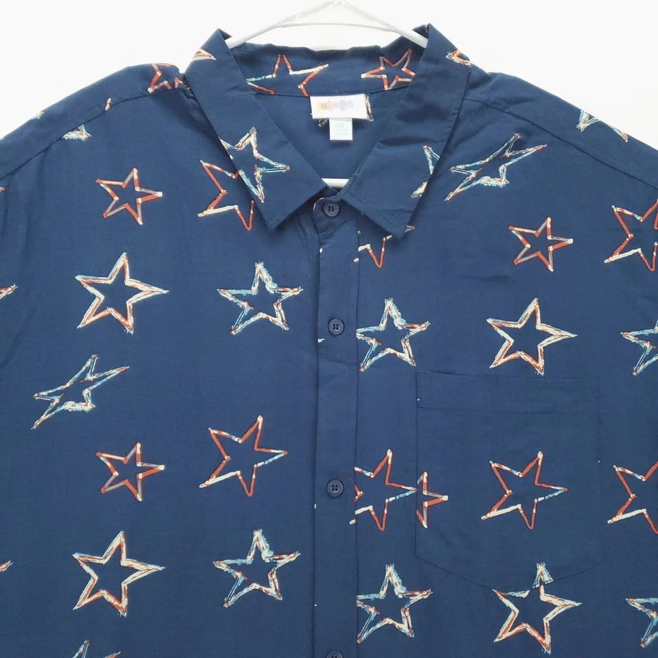 Lularoe Shirt Mens 2XL Blue Patriotic Stars Short Sleeve Button-Up - Image 3 of 4