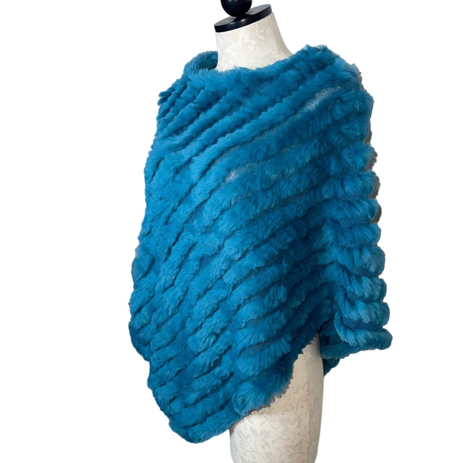 Black Rivet Womens Poncho One Size Sage Blue Wool Rabbit Fur Knit