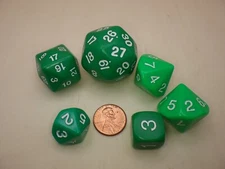 Green with White - Who Knew? 6 Die Dice Set - D3, D5, D7, D16, D24, D30