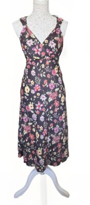 EAST LINEN FLORAL TAUPE PINK PURPLE GREEN MIDI MAXI MIDAXI FIT + FLARE DRESS  8 | eBay