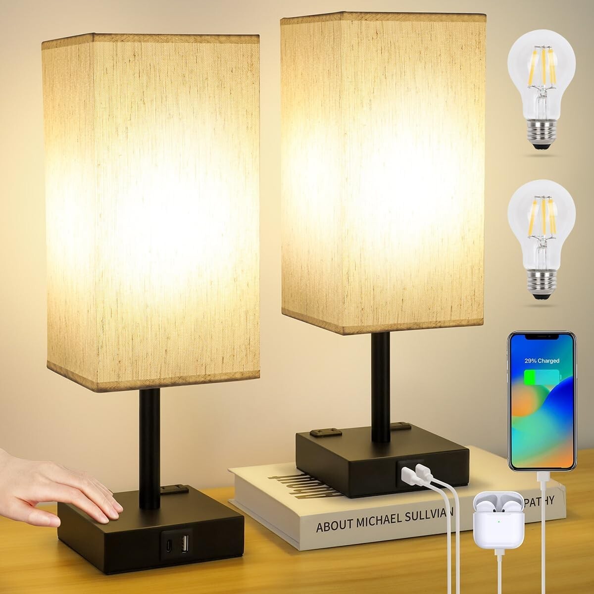 Bedside Lamps Set of 2 Touch Table Lamps with USB-C USB-A Charging Ports&comma; 3 Way