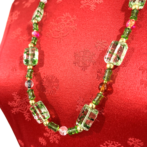 Venetian Glass Necklace Beaded Pinks Greens Gold Ribbon Candy Beads Single Loop - Picture 2 of 9
