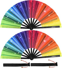 2 PCS Rainbow Rave Hand Fan Large Clack Folding Fan Handheld Holographic Glitter
