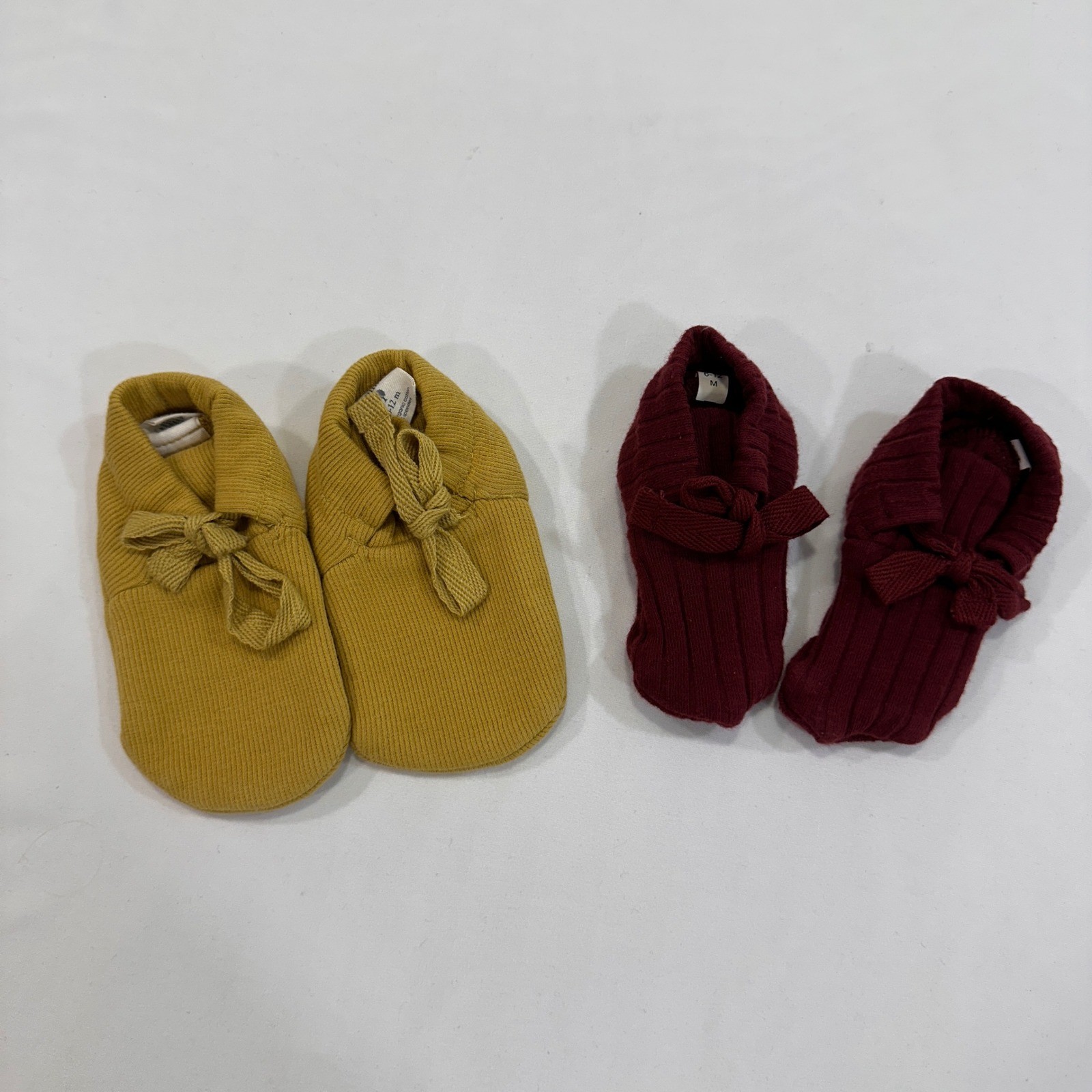 Kate Quinn Organic Cotton Ribbed Booties Kids 6-12M Yellow Burgundy Tie | Boho
