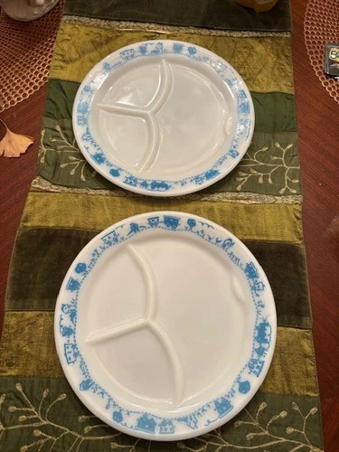 Vintage Set of 2 Pyrex Blue Trains Milk Glass Children's Divided Plates
