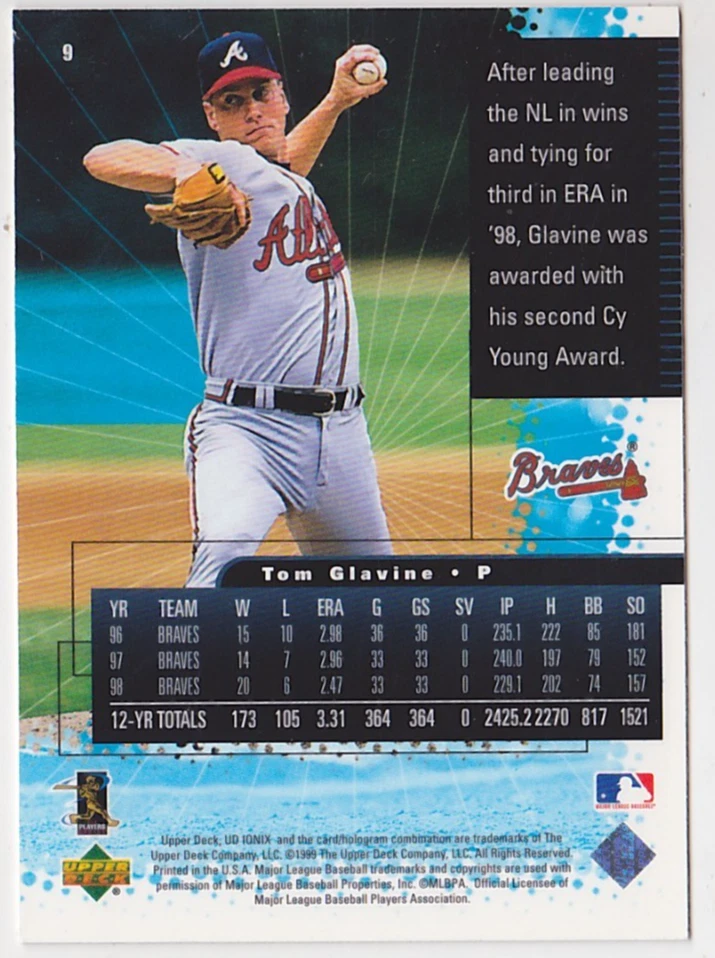 1999 Upper Deck Ionix #9 Tom Glavine Atlanta Braves - Image 2 of 2