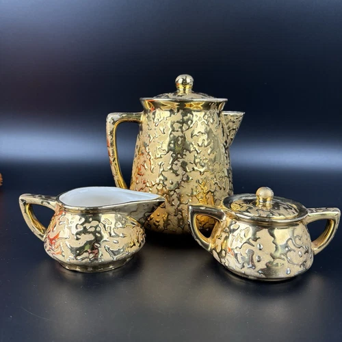 McCoy 24K Sunburst Gold Teapot With Lid Creamer And Sugar Bowl Vintage