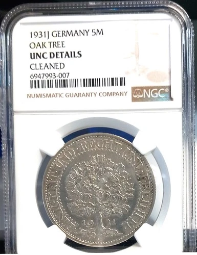GERMANY 1931J 5 MARK OAK TREE NGC UNC DETAILS