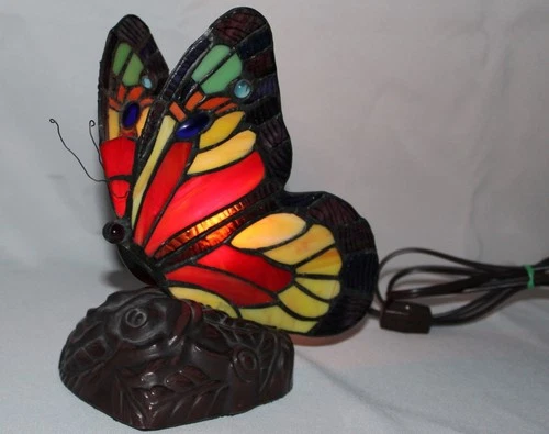 Vintage Tiffany Style Stained Glass Butterfly On Flower Table Accent Lamp