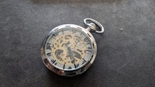 Skeleton Mechanical Pocket Watch Silver Tone See-Through Case Steampunk