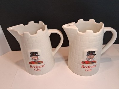 2 Beefeater Gin White Castle Pitcher Jug England Korbrand Ceramic Vintage 