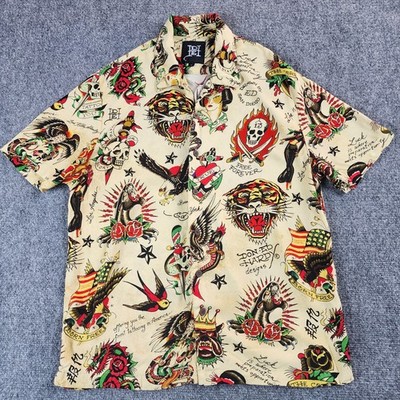 Ed Hardy Mens Size Small Tattoo Tiger Skull Eagle Short Sleeve Button Up Shirt