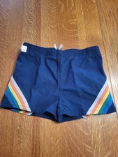 vintage 1980s Swimsuit, Boys Navy Retro Striped Trunks Size 10/12 Med. NOS