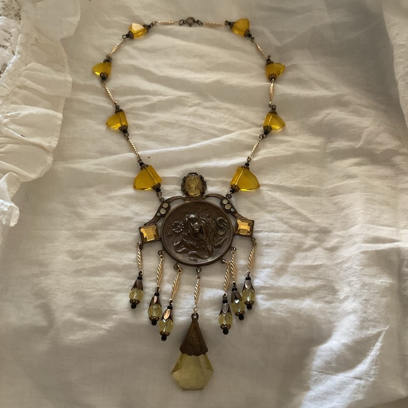 1800’s Victorian Chech Glass Yellow Stones Set In brass. RARE