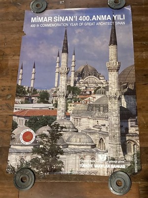rare 1988 Turkey poster, Mimar Sinan 400th anniv, architecture, 25 x 38 inch