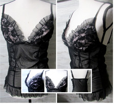 Y2K Cami L Sheer Black mesh over Pink satin Lace Coquette Fairygoth whimsigoth