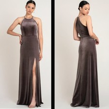 Jenny Yoo Dominique Dress Sz 10 Plum Brown Velvet Slit Wedding Cocktail Party