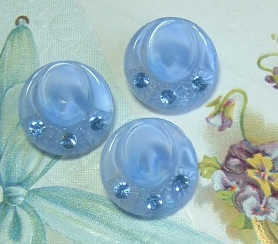 Set of 3 Vintage Dreamy Blue Moonglow Glass Hat Buttons with Blue Rhinestones - Image 3 of 4