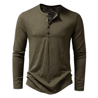 Neues Henley-T-Shirt aus Baumwolle für Herren, langärmelig, Basic, lässig, Knopf