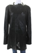In Transit Womens Long Hook & Eye Cutout Leather Crew Neck Jacket Black Size Xl