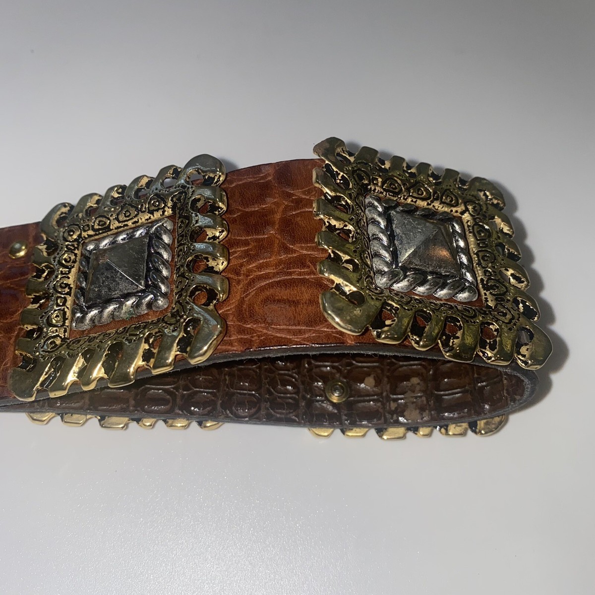 NANNI Italy Brown Leather Silver Gold Stud Belt Croc Boho  display picture 2