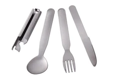 Deluxe 4 Piece Chow Set - Stainless Steel Knife, Fork, Spoon, And Can Opener