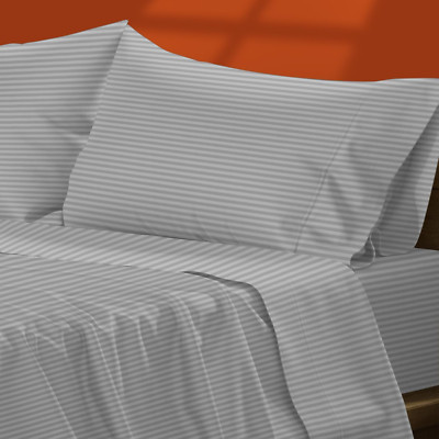 Luxury 600TC Egyptian Cotton Twin Stripe Sheet Set - Silver Damask, Deep Pocket