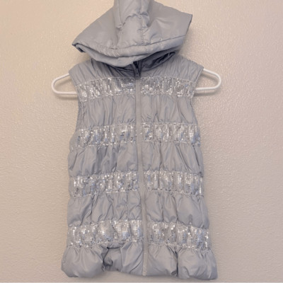 Heart N Crush Girls Silver Gray Hooded Puffer Vest Sequin Stripes 9/10