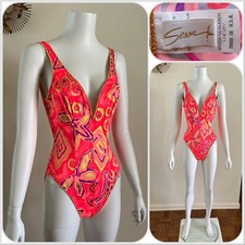 1990s Sessa One Piece Swimsuit Neon Gold Geometric Pop Art Surf Resort 80s VTG