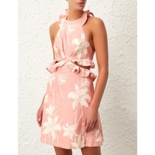 NWT Zimmermann Acadian Tie Back Mini Dress Pink/White Floral Linen Halter