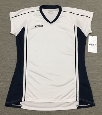 ASICS Women's Top XS Short Sleeve V-Neck Activewear White/Navy Blue NWT
