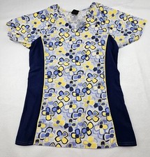 Cherokee Studio Flex Sides Ladies Sm Scrub Top V-Neck Blue Yellow Floral