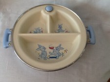 Vintage Excello Chromium Divided Warming Dish Bowl for Baby w/ Blue Handles 10"
