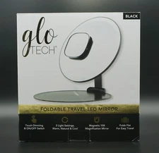 Glo Tech LED Travel Mirror – Foldable, Compact, Lighted, Black, New in Box