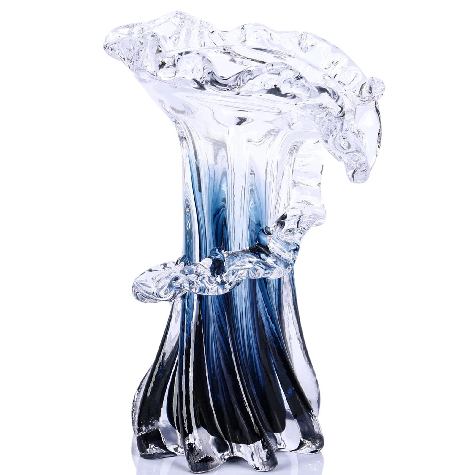 Blue White Clear Wave Vases Gradient, Murano Hand Blown Glass Vase Unique Art...