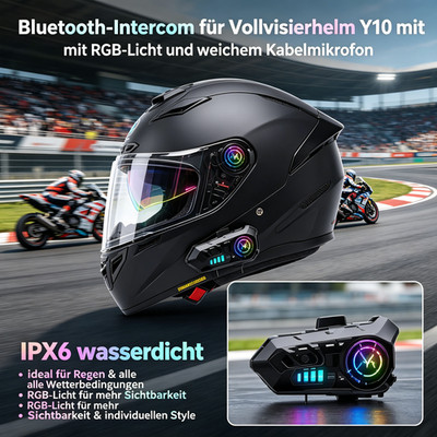 Motorrad Helm Intercom für Y10 Vollvisierhelm, Bluetooth Headset RGB-Licht