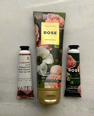 Bath & Body Works Rose Hydrating Body Cream Bundle 8 oz + 2 Hand Creams 1 fl oz