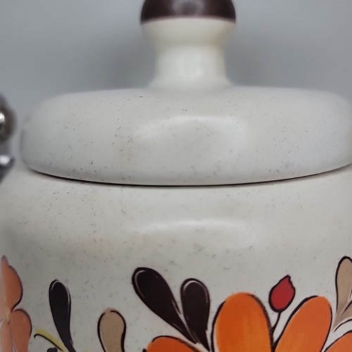 60er Jahre Japan Steingut Teekanne Holzgriff florales Design orange gelb Blumen *** - Bild 5 von 24