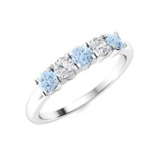 Five Stone 4MM Round Shape Aquamarine 925 Sterling Silver Women Stackable Ring