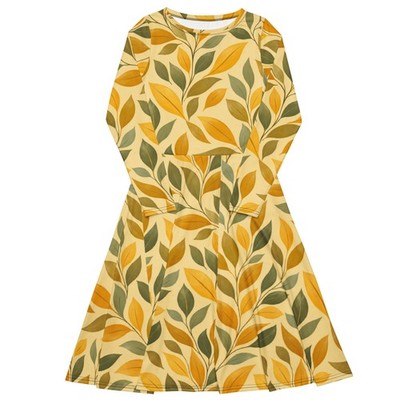 Golden Leaf Flow   All-Over Botanical Midi Dress