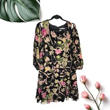 Eliza J Velvety Feel Black Floral Peek Shoulder Shift Dress Lg Ruffle Bottom 16W