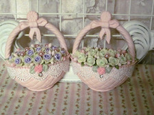 shabby sweet LiL HP pink vintage wall baskets w/lavender sage roses lace pearls