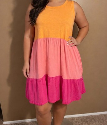 Terra & Sky Women's  Tiered Tank Dress Multicolor New 3X  Coral Rose Color Block