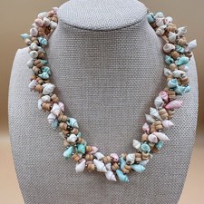 Colorful Seashell Wood Bead Necklace Coastal Boho Statement Beach Cottagecore