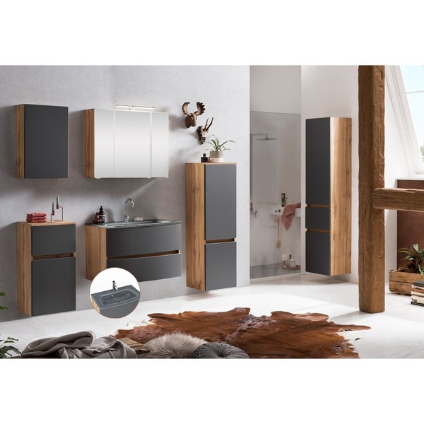 BadmöBel Set Badezimmer Matt Grau Waschtisch Spiegel HäNgeschrank Unterschrank-image